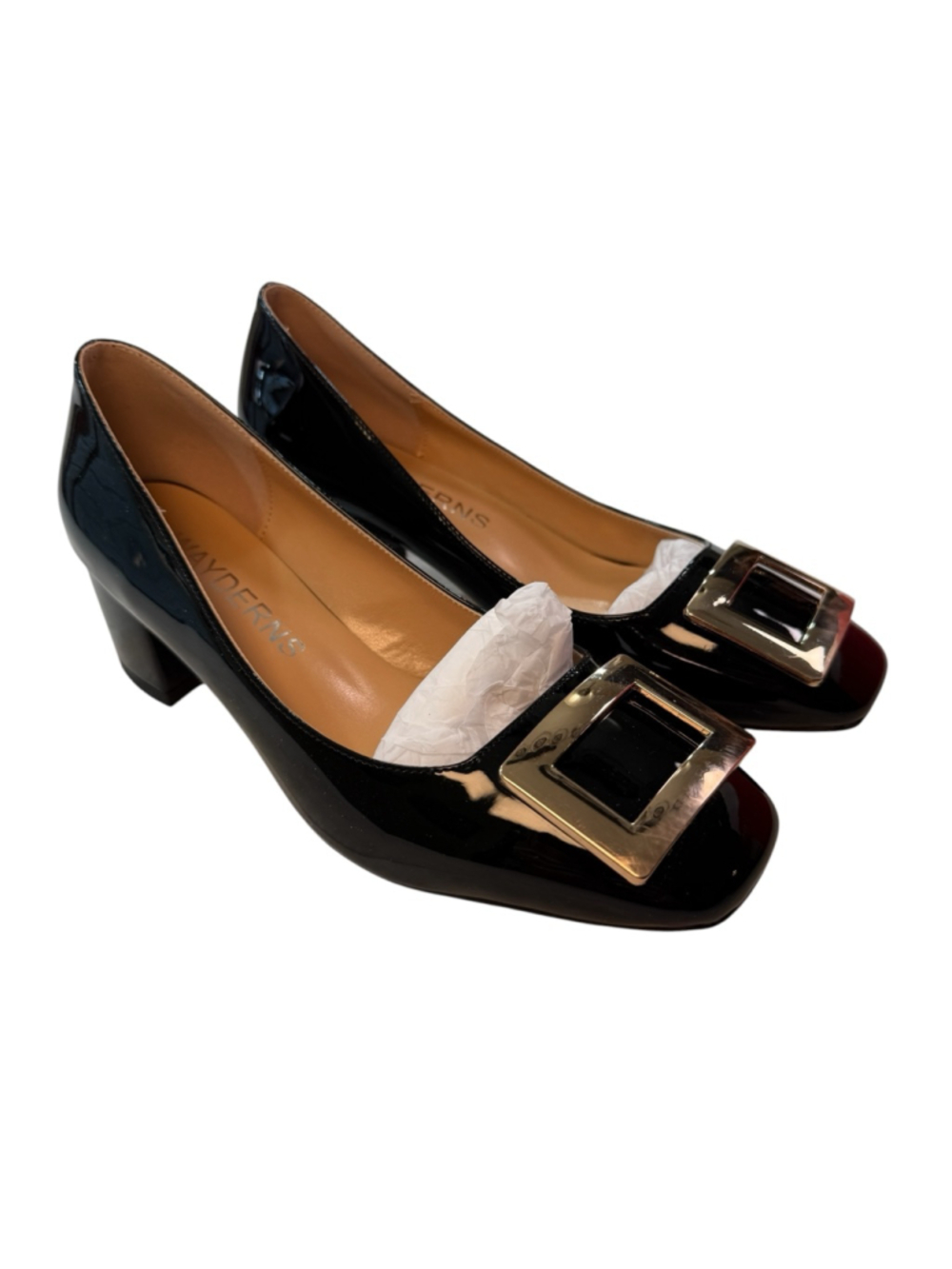 Wayderns Black Patent Block Heel Pumps Womens Size 7 New In Box Square Toe